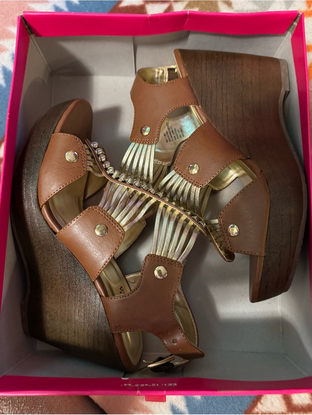 Candieโs Cognac Brown Wedge Sandals with Gold Accent Straps